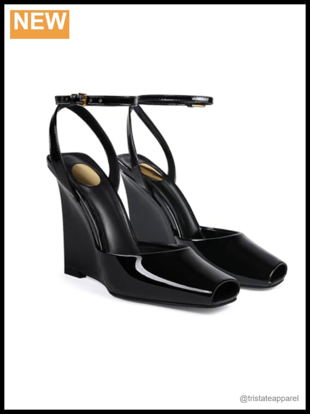 Peep Toe Wedge Heel Patent Leather Pumps with Ankle Strap